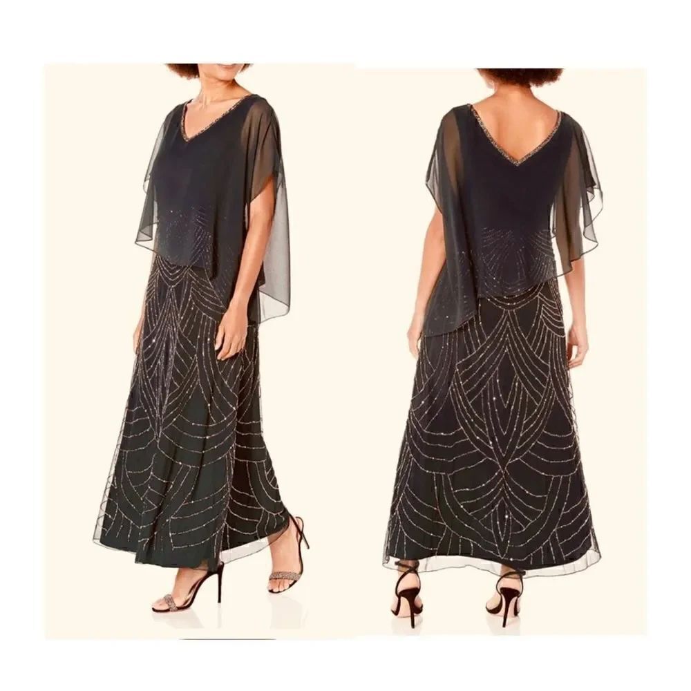 J Kara Women's Caplet V-Neck Mock Beaded Dress
